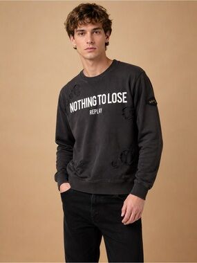 Replay Distressed Graphic Crewneck Sweatshirt Men’s Size M Black